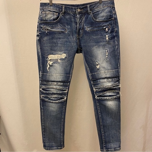 DOPE 34x32 Weir Moto Stretch Jeans Mens Distressed Patched Button Fly D2018P201 - Picture 10 of 12